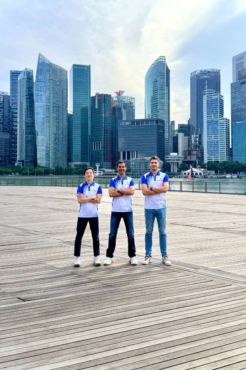 Founders Fran Peterlin, Bojan Mirković and Trevis Lee on the Marina Bay waterfront in Singapore